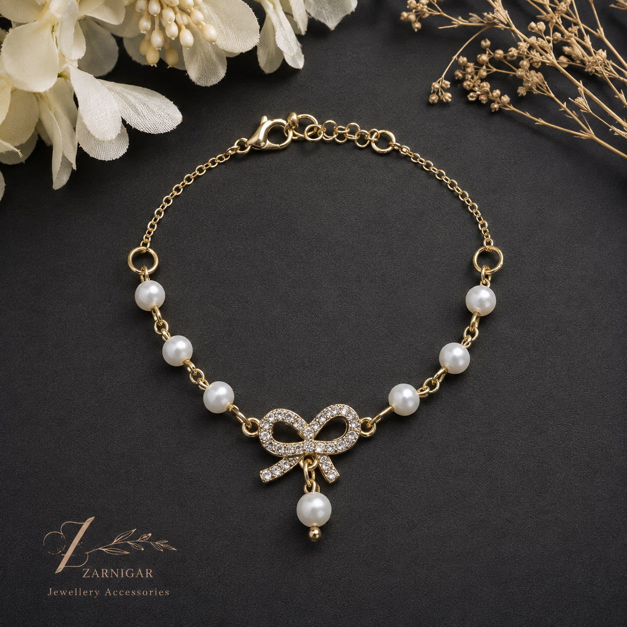 Pearl Bow Gold Bracelet