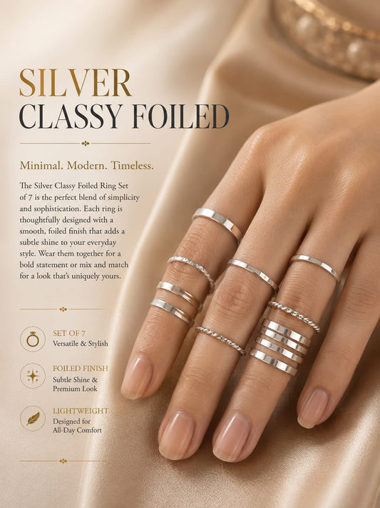 Silver Classy Foiled Ring Set Of 7